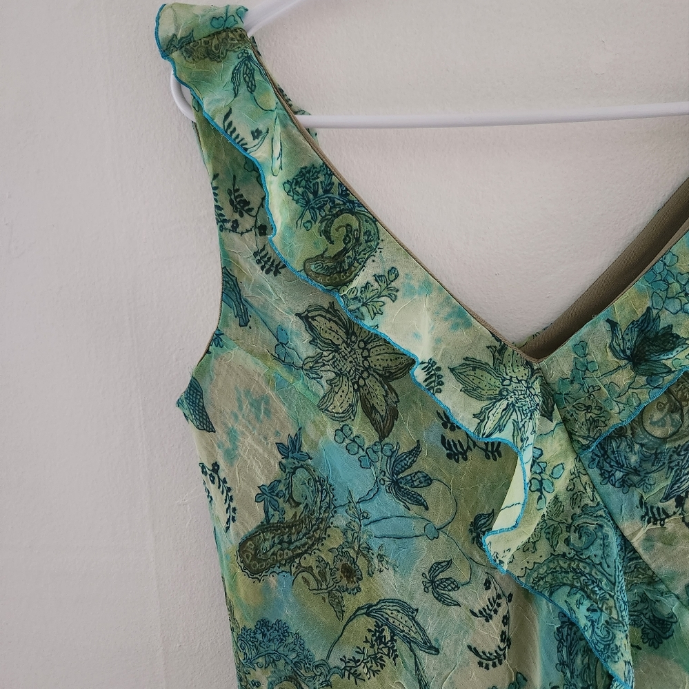 Vintage AGB Floral Asymmetrical Ruffle Midi Dress Fairy Core Nymph Y2k Green 8 - Picture 4 of 6